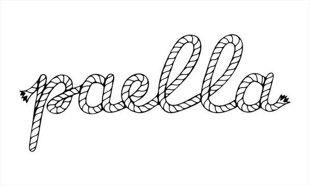 Паэлья, рукописные надписи с веревкой из морской лодки, векторная иллюстрация черным и белым цветом - Вектор,изображение