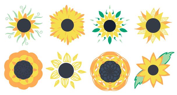 Eine Sammlung gelber Sommerblumen, eine Reihe sonniger Blumen, Blumen mit Blättern, eine Sonnenblumensilhouette im flachen Stil, eine Illustration aus einem Cartoon, eine Ikone auf einem isolierten weißen Hintergrund - Vektor, Bild