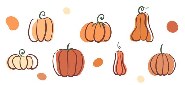 Set of stylized decorative pumpkins drawn by hand with lines and colored spots. Flat vector illustration - Vector, Image