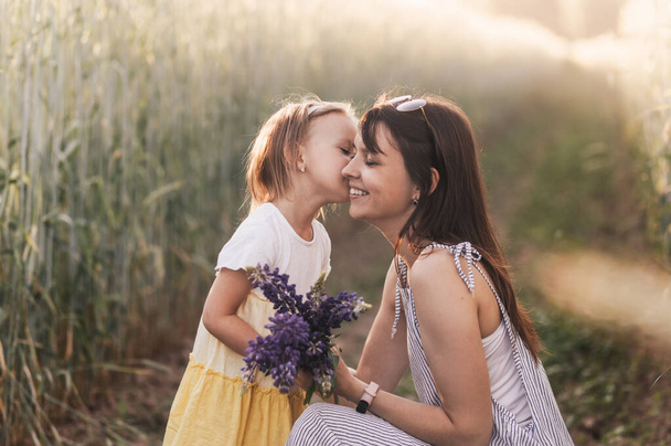 Pieni tyttö antaa kimpun lupiineja äidilleen pellolla kesällä. Rakkauden ja onnellisen perheen käsite - Valokuva, kuva