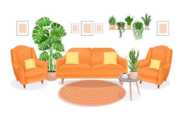Moderno salón interior con muebles y plantas caseras. Diseño de una acogedora habitación con sofá, sillones, plantas y artículos de decoración. sala de estar - Vector, Imagen