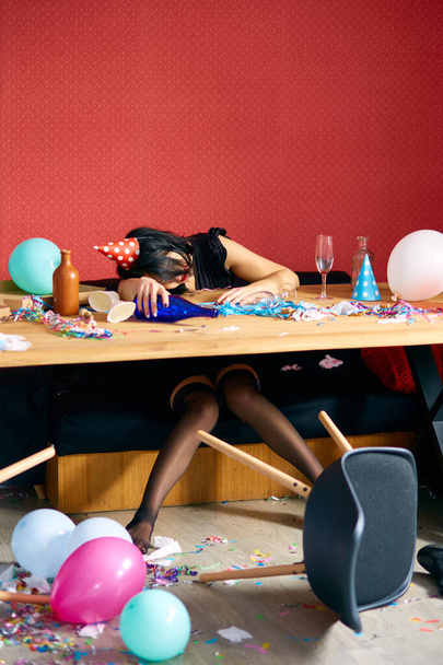Jonge vrouw met rood gewreven lippenstift en pet, slapen aan tafel in rommelige kamer na verjaardagsfeestje, vermoeide vrouw na feestje thuis - Foto, afbeelding