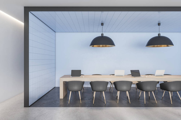 New coworking office interior with blue tile partition, equipment, furniture and daylight. 3D Rendering - Fotó, kép