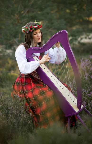 Portrait d'une femme avec une harpe Belle femelle aux cheveux bruns avec une couronne de fleurs sur la tête, portant un costume national jouant de la harpe dans la forêt - Photo, image