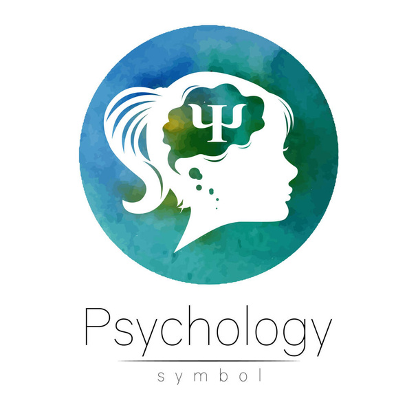 Modern logo Kid Girl head and letter Psi inside brain . Logotype sign of Psychology. Profile Human. Green Watercolor color isolated on white. Creative style. Symbol in vector. Design concept. - Vector, imagen