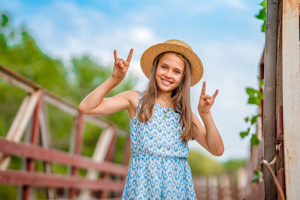 A happy little girl in a blue dress in a summer garden with a wooden bridge. Concepts of summer holidays and a fun childhood - Foto, imagen