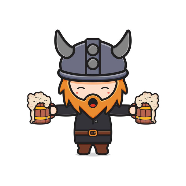 Милий вікінг, що тримає пиво, святкує ілюстрацію іконок мультфільму. Дизайн ізольованого стилю плоского мультфільму
 - Вектор, зображення