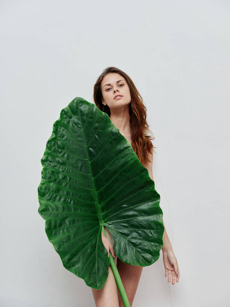 red haired woman with bare shoulders covers palm leaf exotic - Foto, imagen