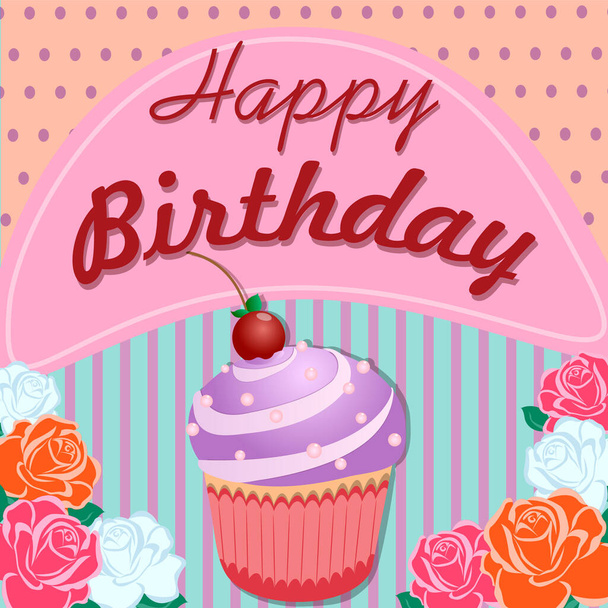 カップケーキと桜の明るいヴィンテージの背景を持つ幸せな誕生日の挨拶カード。レトロ誕生日ポストカード - ベクター画像