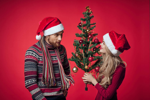joyful man and woman new year holiday romance isolated background - Photo, Image