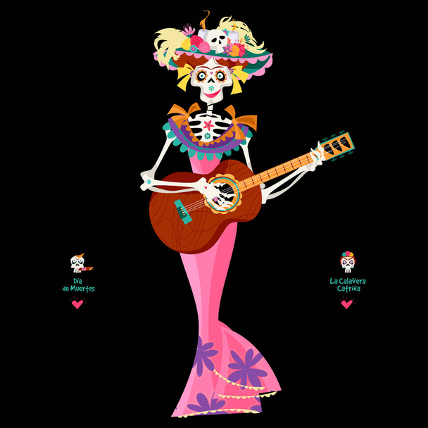 La Calavera Catrina playing guitar. Elegant Skull. Dia de Muertos (Day of the Dead). Mexican tradition. - Vector, imagen