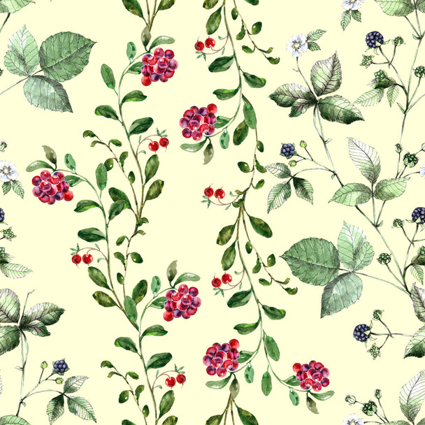 Watercolor  different  berries  with foliage on cream background. Seamless pattern  for decorations. - Foto, afbeelding