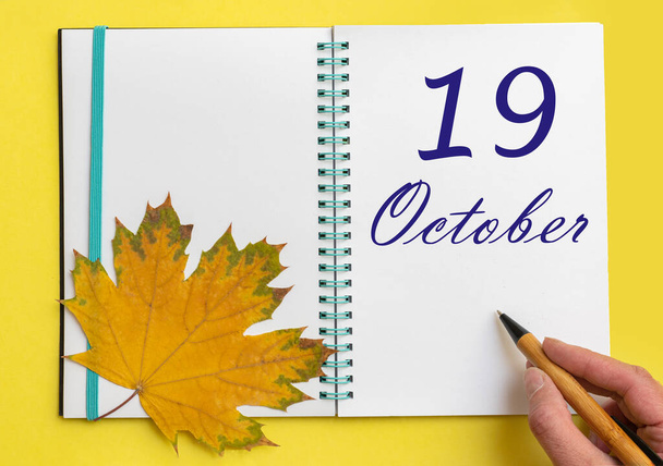19º día de octubre. Mano escribiendo la fecha 19 de octubre en un cuaderno abierto con una hermosa hoja de arce natural sobre un fondo amarillo. Mes de otoño, concepto del día del año. - Foto, Imagen