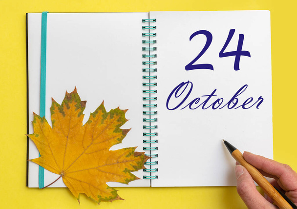 24th day of october. Hand writing the date 24 october in an open notebook with a beautiful natural maple leaf on a yellow background. Autumn month, day of the year concept. - 写真・画像