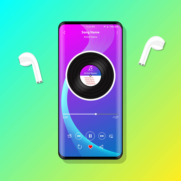 Music player interface on mobile phone earphones illustration vector - Vector, Image