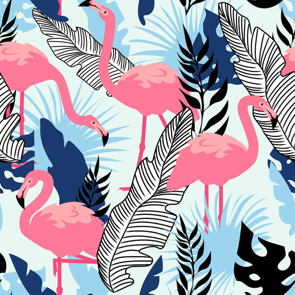 Фламинго. Бесшовная летняя текстура с розовой экзотической птицей и тропическими пальмовыми листьями. Мультяшное животное. Декор текстиль, оберточная бумага, обои вектор летний пляж печати или ткани - Вектор,изображение