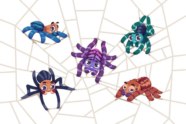 Spinne im Netz. Vogelspinnen-Comicfiguren sitzen im Netz. Lustige Insekten weben Spinnweben. Arachnid Maskottchen mit lächelnden Gesichtern. Gruppe giftiger Käfer. Vektortiere krabbeln auf Spinnennetz - Vektor, Bild