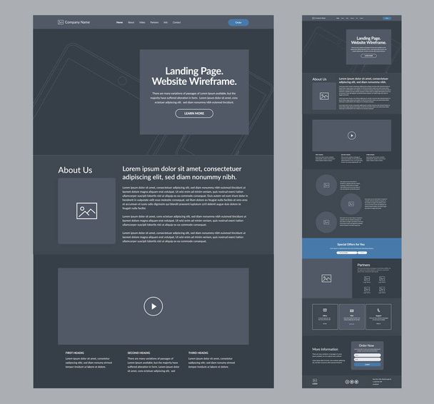 Website wireframe landing page. Dark design template for business. One page site layout interface. Modern responsive design. UX UI elements. - Vektori, kuva
