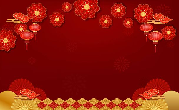 Background texture Asian elements with craft style flower and lamp of vector on red background. Postcard wallpaper. - Vector, afbeelding