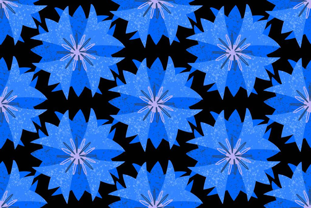 Απρόσκοπτη μοτίβο, μπλε γεωμετρικό στυλιζαρισμένο άνθη καλαμποκιού, σε ένα απλό μοτίβο σε μαύρο φόντο. Φωτεινό στολίδι. - Διάνυσμα, εικόνα