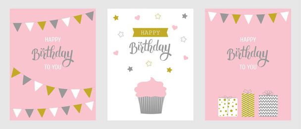 Set Geburtstagsgrußkarten vorhanden. Cupcake, Geburtstagsgeschenk, Fahnen. rosa, weiß, gold und grau. - Vektor, Bild