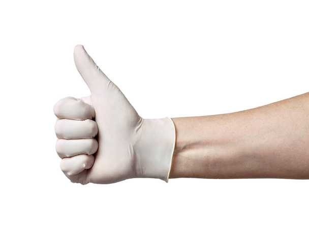 latexová rukavice ruka palec nahoru ochranný virus korona nemoc epidemie koronavirus zdravotní hygiena - Fotografie, Obrázek