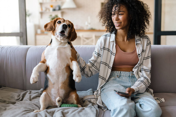 Young smiling african woman in casual wear with beagle puppy at home - Zdjęcie, obraz