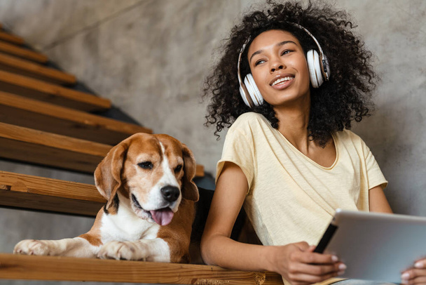 Young smiling african woman in casual wear with beagle puppy at home, sitting on stairs, holding tablet, wearing headphones - Photo, Image