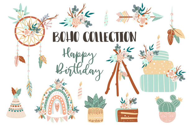 Boho collection chic d'icônes avec plumes, fleurs, compositions florales, gâteaux d'anniversaire, flèches, cactus sur des pots, attrape-rêves, wigwams, bougies, scandinave arc-en-ciel dans le style boho - Vecteur, image