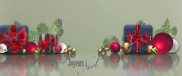 Hyvää joulua toiveita ranskan kielellä. Teksti Hyvää Joulua Joyeux Noel ranskaksi. Punainen pallot helyjä Xmas lahjapakkaukset Xmas puun oksat pastelli vihreä pistaasi. Lomakutsu. 3D-kuvaus - Valokuva, kuva