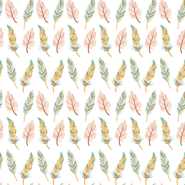 Cute seamless pattern in boho style. Colorful feathers background. Tribal feather cartoon illustration. Indian ethnic ornament. Cute scandinavian kids print. - Вектор,изображение