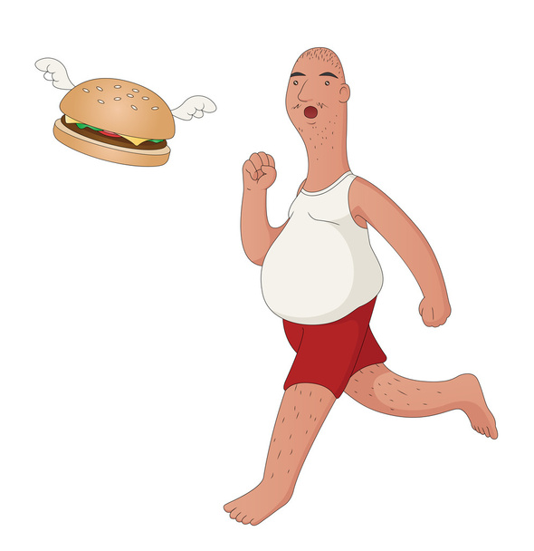 kövér ember, kergeti a sajtburger - Vektor, kép
