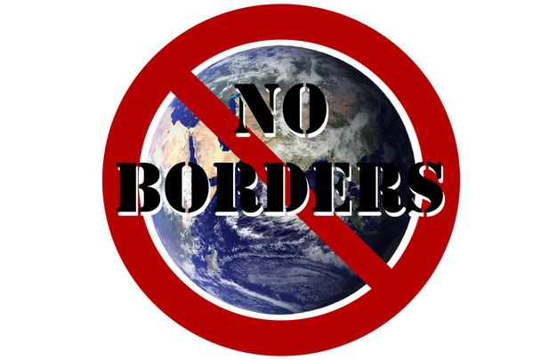 Planet Earth with International NO Symbol. Text reads "NO BORDERS" representing the OPEN BORDERS agenda being pushed by the left wing democratic party. Elements of this image furnished by NASA - Foto, imagen