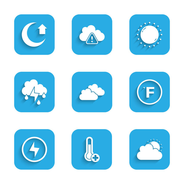 Stel Wolk, Meteorologie thermometer, Zon en bewolkt weer, Fahrenheit, bliksemschicht, met regen bliksem, en maan pictogram. Vector - Vector, afbeelding
