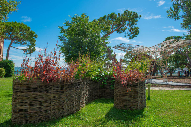 общественный сад с плетеными деревянными насаждениями - Фото, изображение