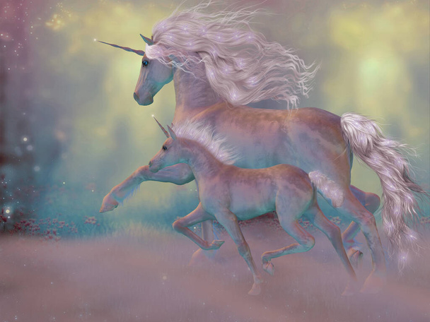 Un unicorno è una creatura leggendaria che abita foreste magiche e ha un solo corno sulla fronte. - Foto, immagini