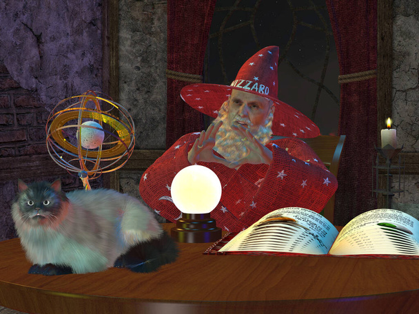 Un sorcier magique regarde dans sa boule de cristal pour des images de l'avenir que son chat de compagnie lui tient compagnie. - Photo, image