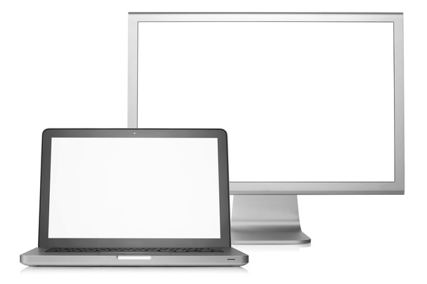 Laptop-val külső bemutatás. Üres, fehér képernyő. Elszigetelt fehér background - Fotó, kép
