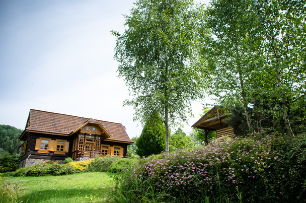 Romanttinen maalaismainen puinen mökki maaseudulla
 - Valokuva, kuva