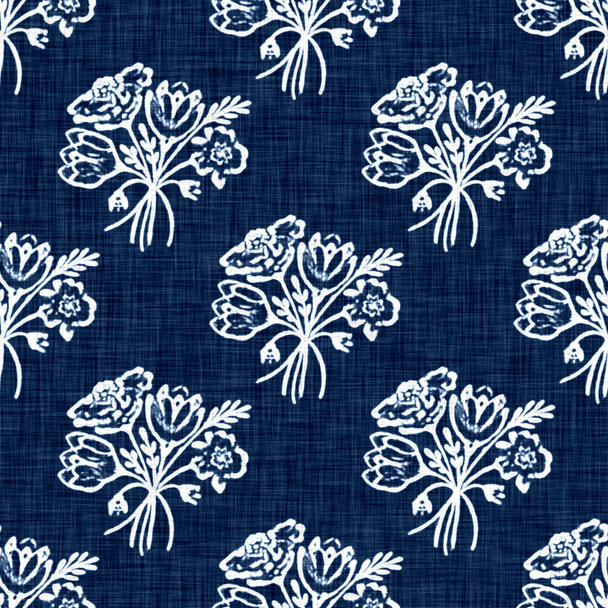 Acid wash blue jean effect texture with decorative linen floral motif background. Seamless denim textile fashion cloth fabric all over print. - Фото, зображення