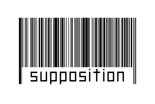 Barcode op witte achtergrond met onderstaande inscriptie. Begrip handel en mondialisering - Foto, afbeelding