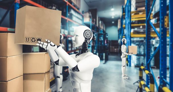 人間の労働力の交換のための倉庫で働く革新的な産業ロボット - 写真・画像
