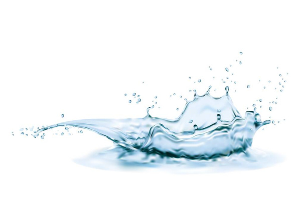 Korunní voda stříká vírem a kapkami. Vektorová kapalina stříkající aqua dynamický pohyb, grafický design prvek s kapkami postřiku boční pohled izolované na bílém pozadí, ad realistické 3d čistá voda - Vektor, obrázek