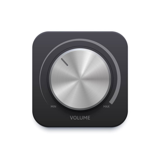 Metallic music sound round knob button. Volume audio stereo system vector 3d design element for mobile application or website ui graphic. Min or max level audio player app isolated icon - Vector, Image