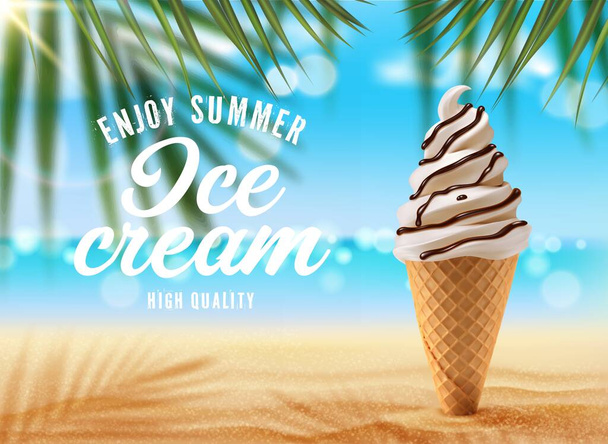 Vanília fagylalt tölcsér a Palm Beach-en. Vektor reklám poszter reális 3D-s jégkrém gofri csésze csokoládé tetején ragadt homok pálmafa ág árnyék elmosódott tengeri háttér - Vektor, kép