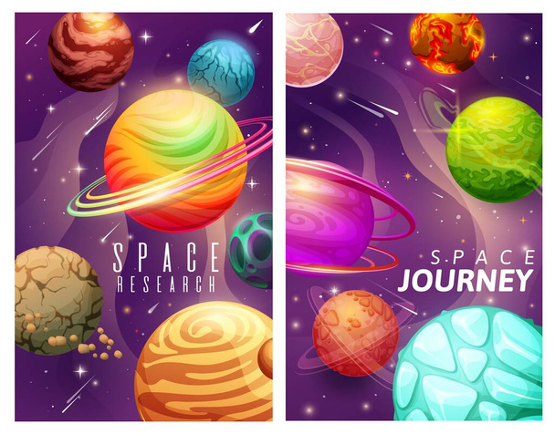 Πλανήτες και αστέρια κινουμένων σχεδίων, ταξίδι γαλαξιών και αφίσες φορέων έρευνας. Εξερεύνηση του σύμπαντος, περιπέτεια στο σύμπαν, φανταστικά διαστρικά ταξίδια, κοσμικές κάρτες αποστολής γραφιστική σχεδίαση - Διάνυσμα, εικόνα