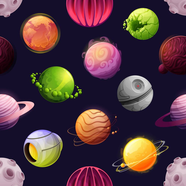 Cartoon space futuristic planets and stars seamless pattern. Vector asteroids, fantastic cosmic alien world. Galaxy objects, planets with rings, craters and glowing lava surface, astronomy background - Vector, Image