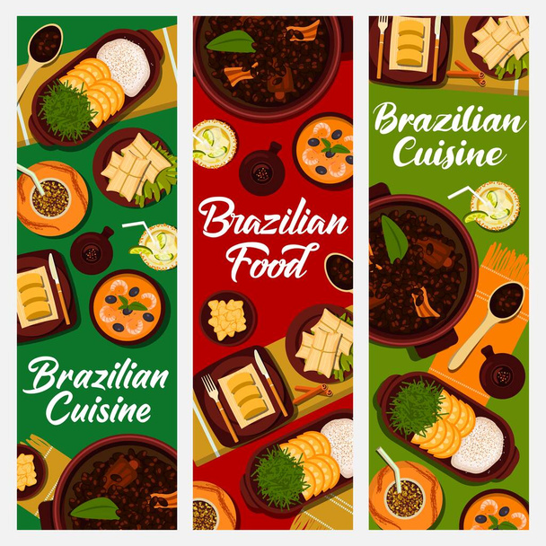 Brazilian cuisine vector lime cocktail caipirinha, sweet corn mush pamonha and chimarrao mate. Black bean stew feijoada, seafood stew moqueca or pork rinds torresmo, orange rice food of Brazil banners - Vector, Image