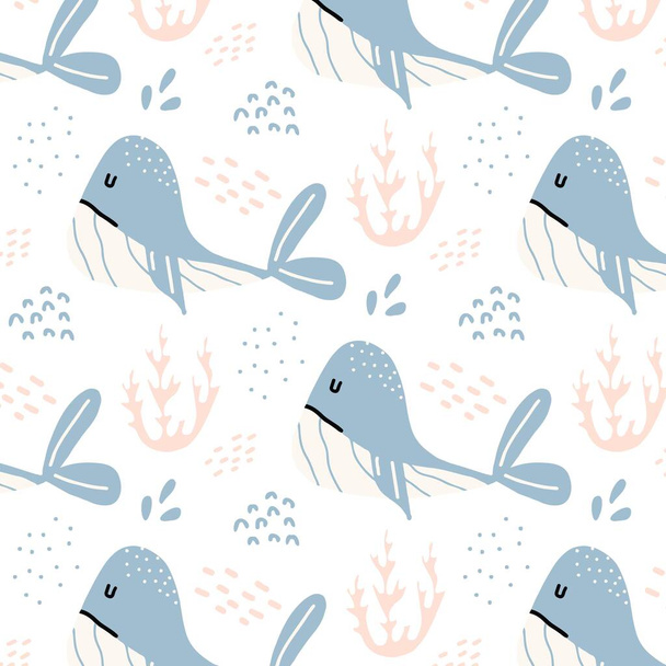 Childish hand-drawn seamless pattern with blue whales. Pattern with whales and algae. Pattern for postcards, fabrics, prints, wrapping paper. - ベクター画像