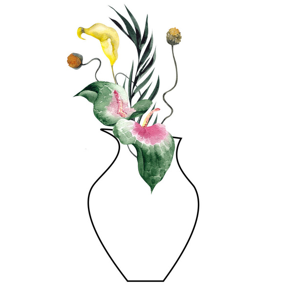 ミニマルな花の花束とグラフィック花瓶、白の背景に隔離された水の色構成 - 写真・画像